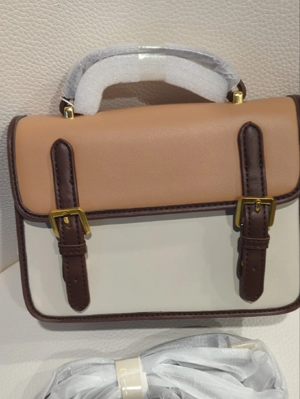 Structured Two-Tone Crossbody Bag in Tan and Cream with Brown Trim